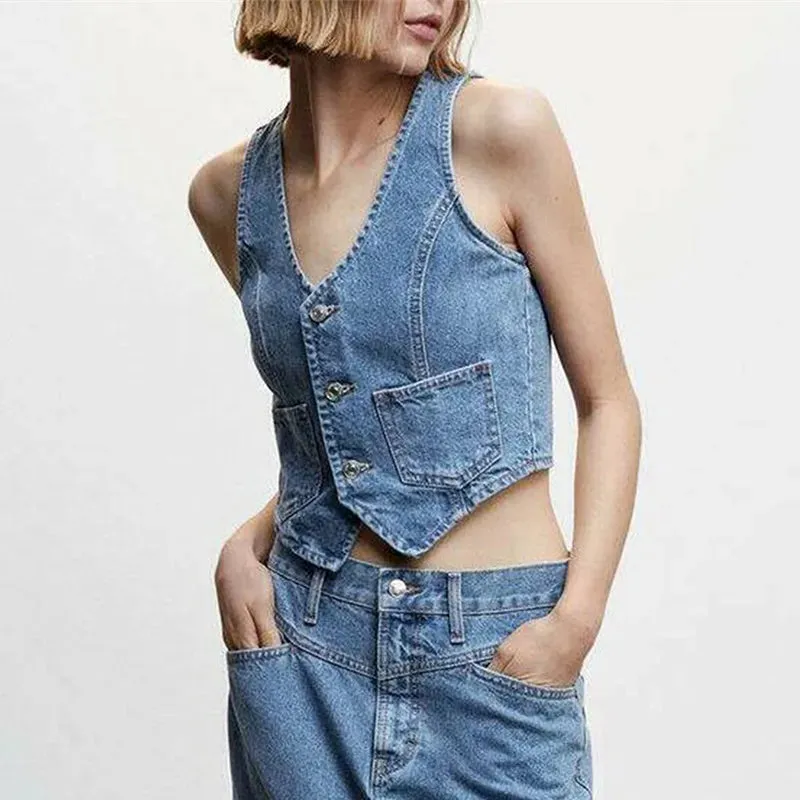 Girlary Women Denim Vest Sleeveless Crop Tops Button Denim Gilet Jacket Casual V Neck Jean Waistcoat Y2K Streetwear