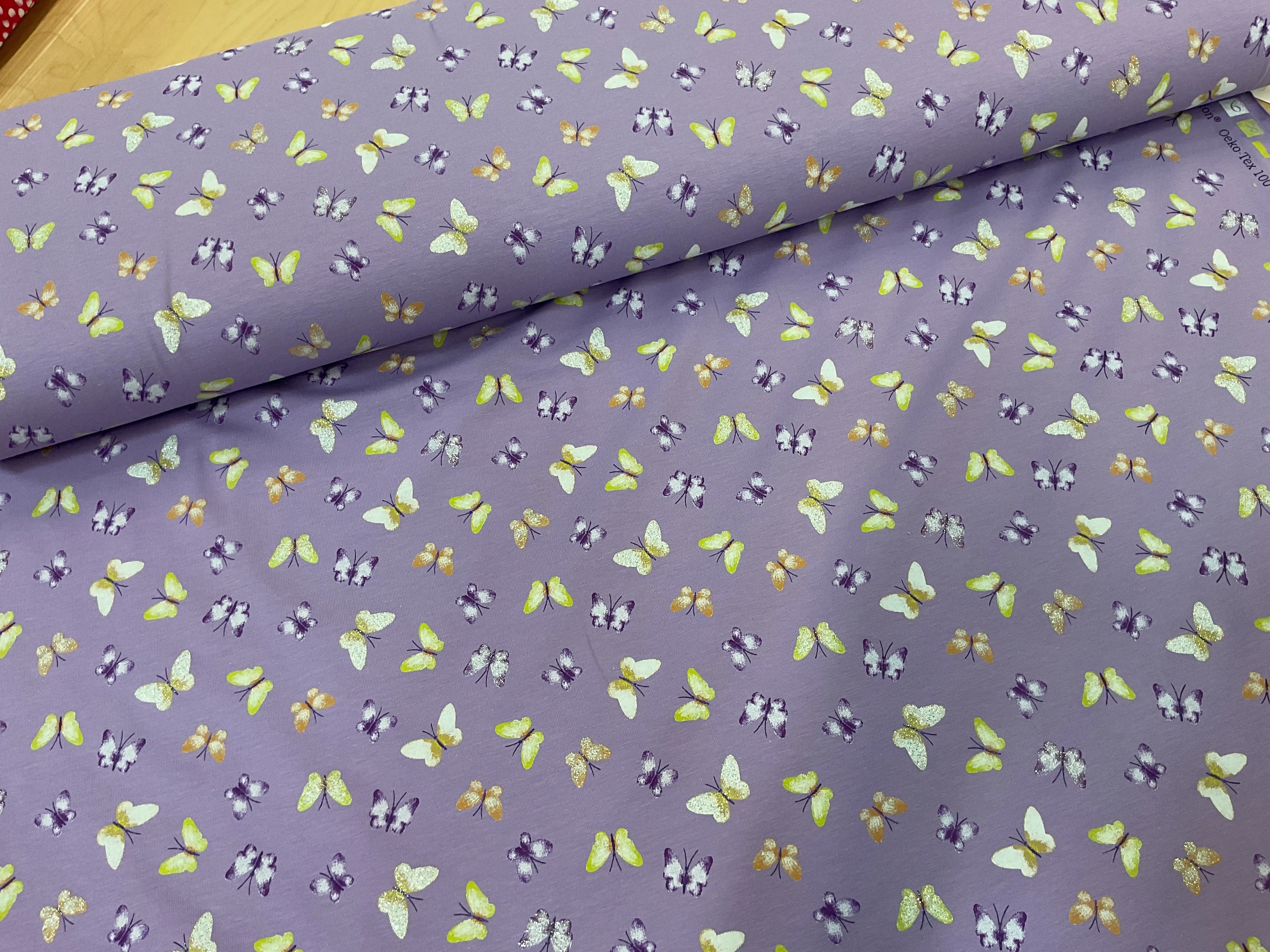 Glitter Butterflies on Lilac Cotton Jersey