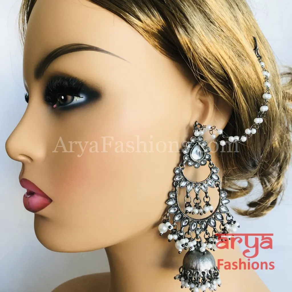 Gray Metal Long Three Layer Jhumka Earrings