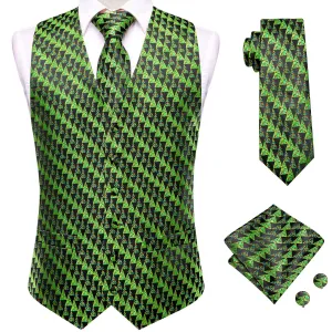 Green Christmas Tree Men's Vest Hanky Cufflinks Tie Set