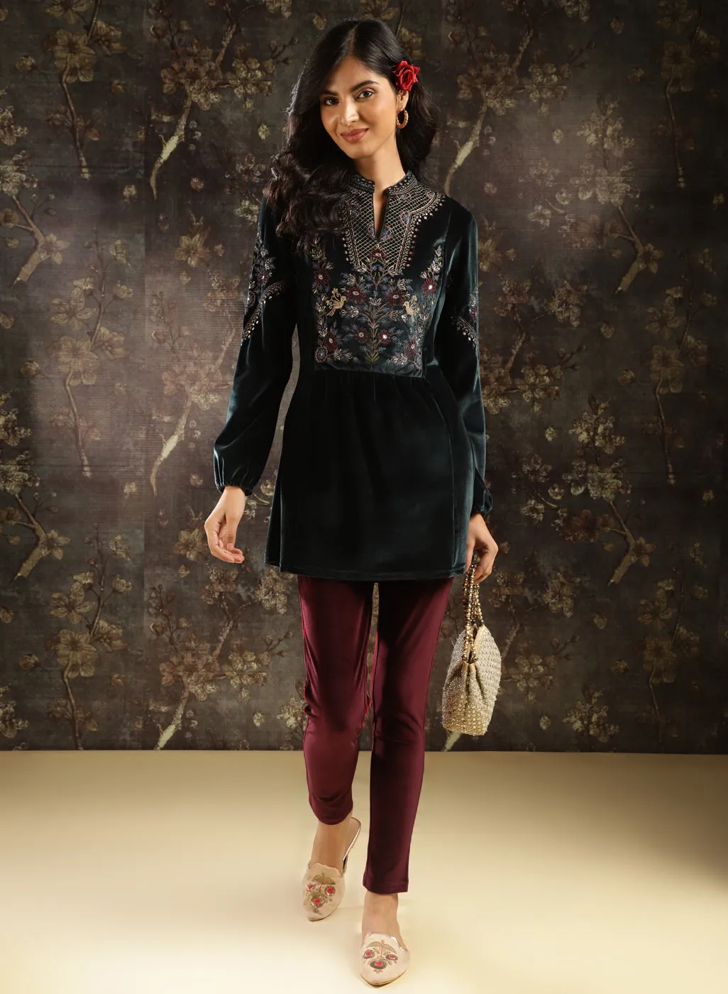 Green Embroidered Velvet Tunic for Women