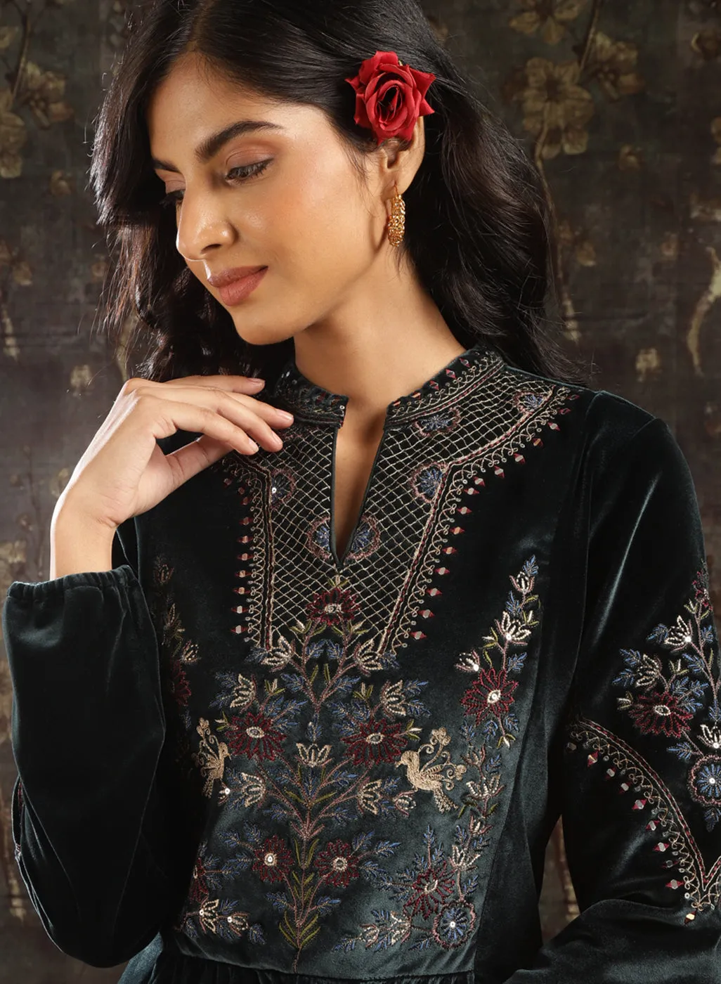 Green Embroidered Velvet Tunic for Women