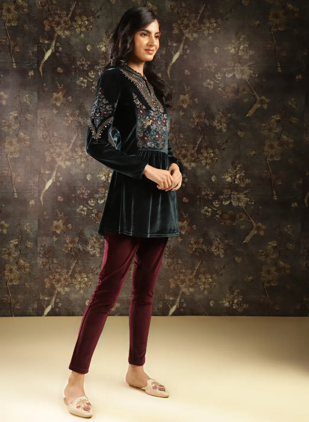 Green Embroidered Velvet Tunic for Women