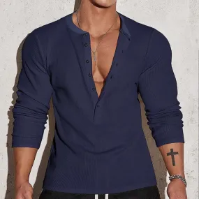 HALF BUTTON HENLEY NECK LONG SLEEVE T-SHIRT