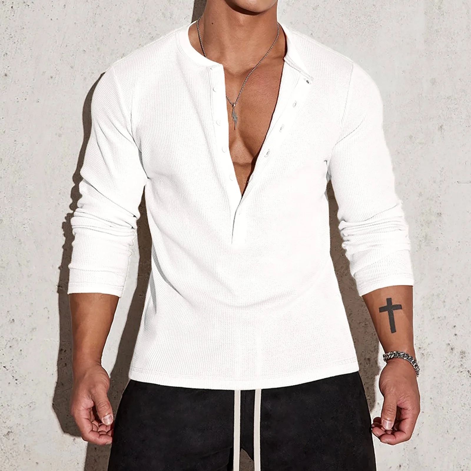 HALF BUTTON HENLEY NECK LONG SLEEVE T-SHIRT