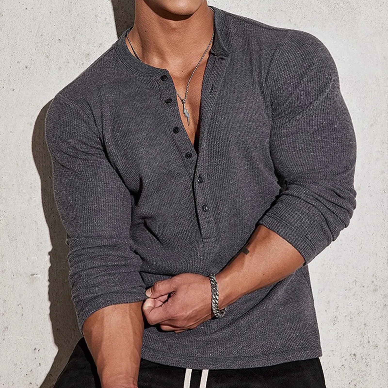 HALF BUTTON HENLEY NECK LONG SLEEVE T-SHIRT