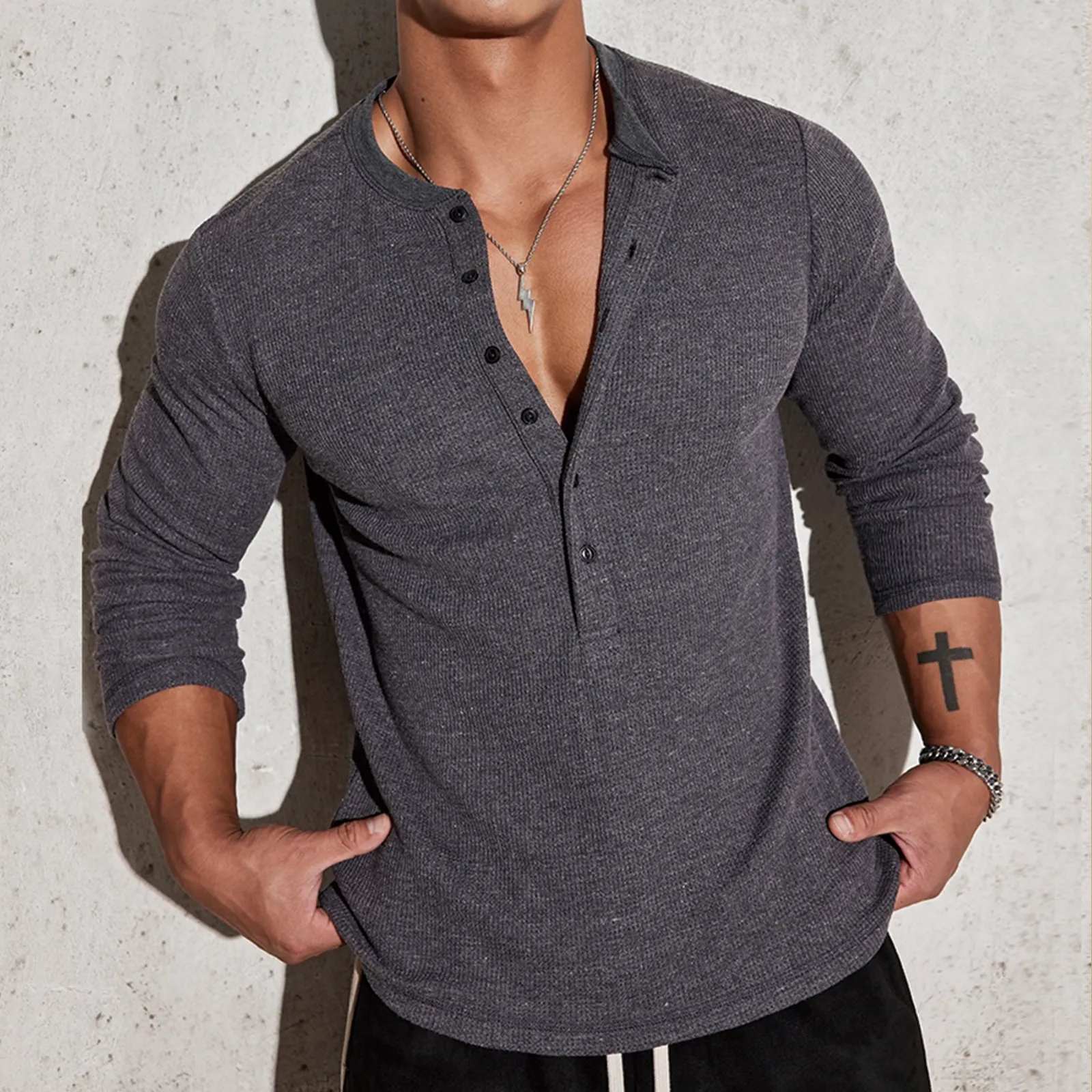 HALF BUTTON HENLEY NECK LONG SLEEVE T-SHIRT