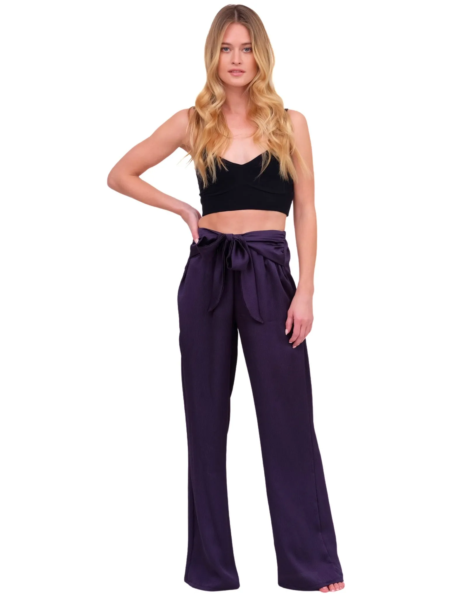 Hammered Satin Wide Leg Pants - Navy