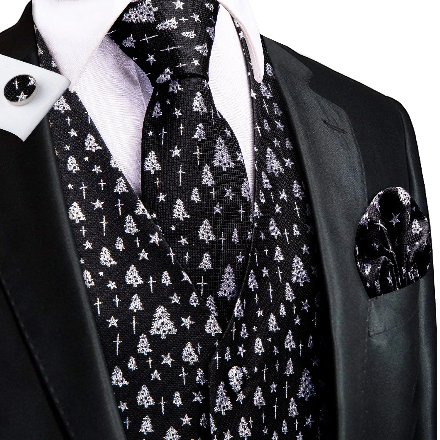 Hi-Tie Black White Christmas Tree Men's Vest Hanky Cufflinks Tie Set