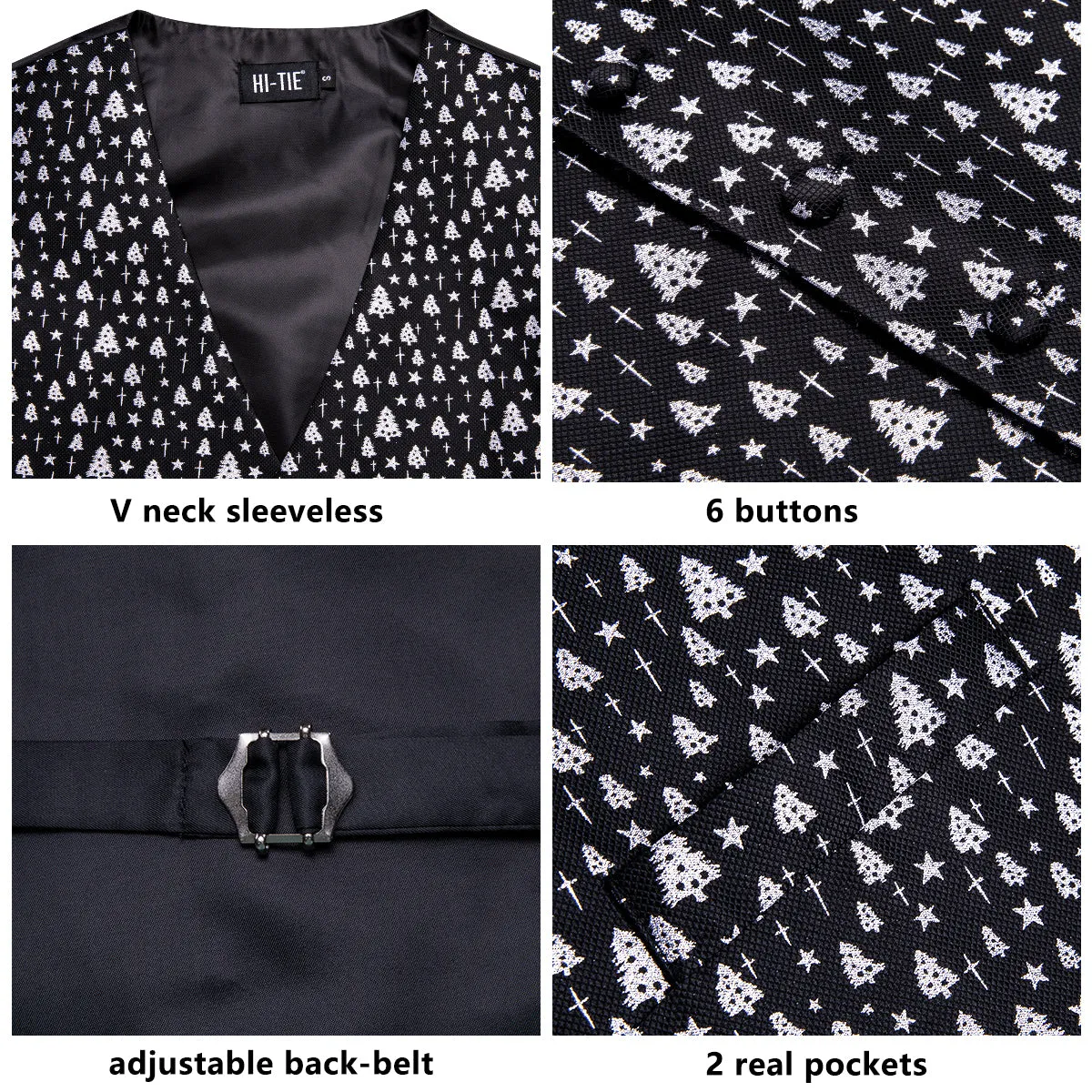 Hi-Tie Black White Christmas Tree Men's Vest Hanky Cufflinks Tie Set