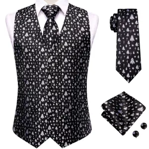 Hi-Tie Black White Christmas Tree Men's Vest Hanky Cufflinks Tie Set