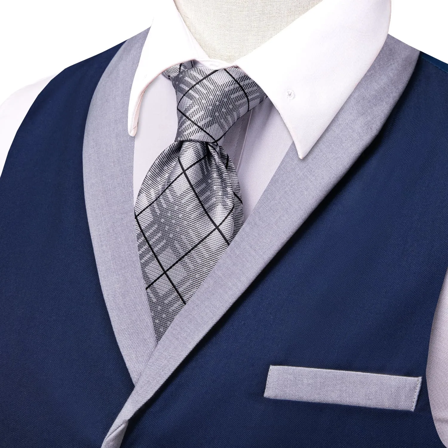 Hi-Tie LightGrey Shawl Collar Dark Blue Solid Waistcoat Formal Vests for Business