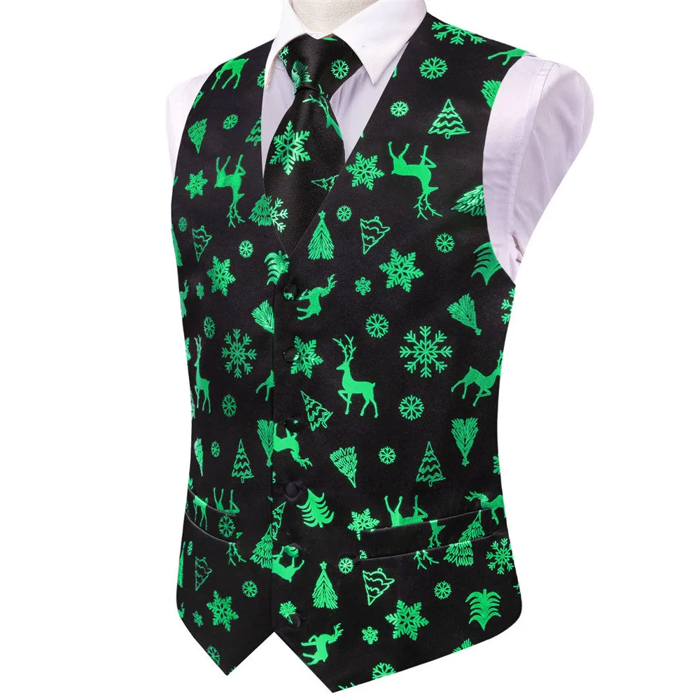 Hi-Tie Mens Waistcoat Black Green Christmas Tree Elements Vest Necktie Set