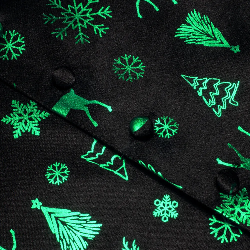 Hi-Tie Mens Waistcoat Black Green Christmas Tree Elements Vest Necktie Set