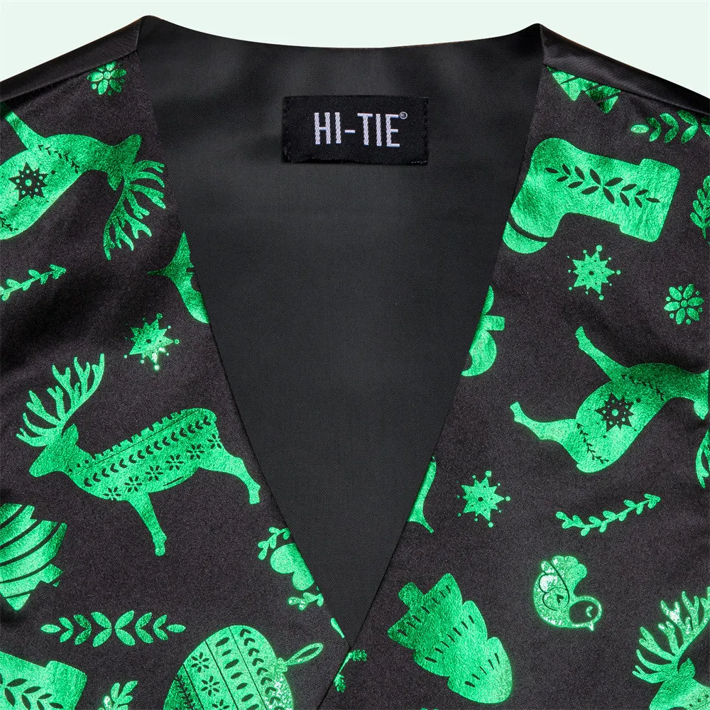 Hi-Tie Mens Waistcoat Black Green Tree Christmas Vest Necktie Set