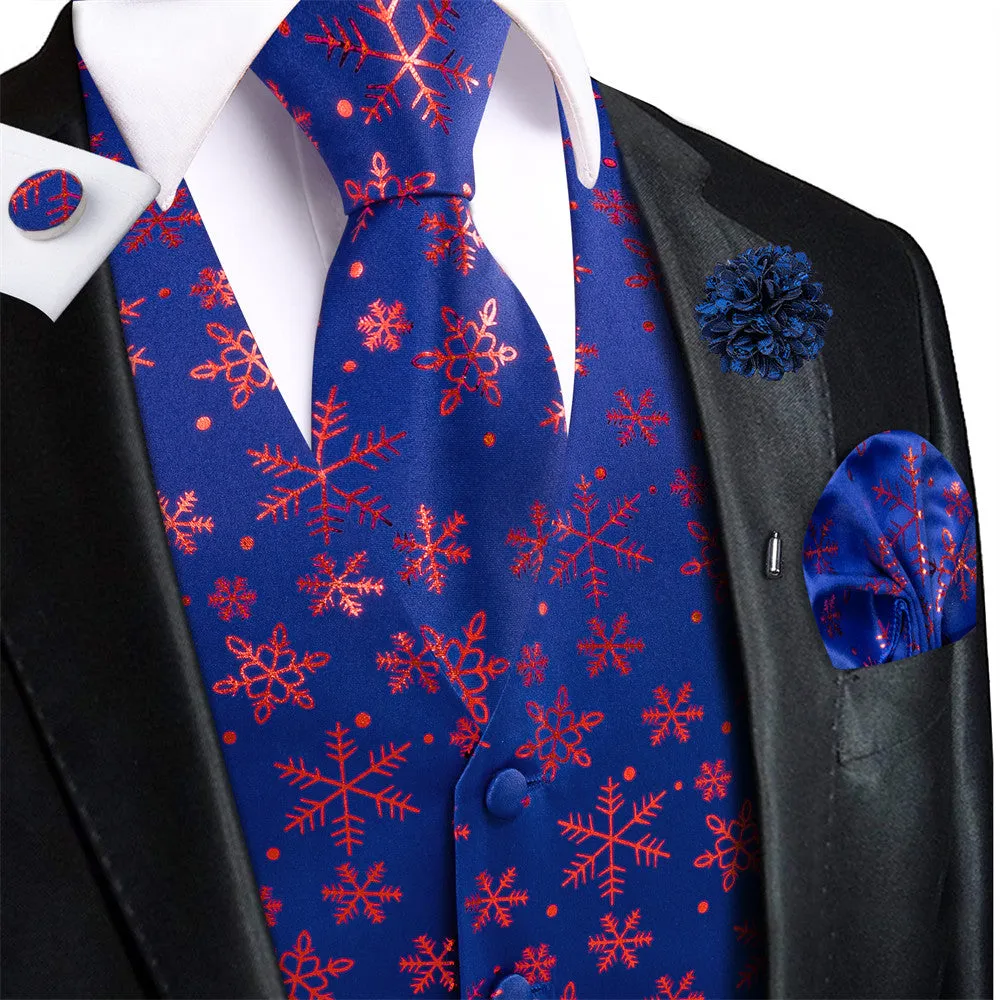 Hi-Tie Mens Waistcoat Blue Purple Snow Christmas Vest Necktie Set