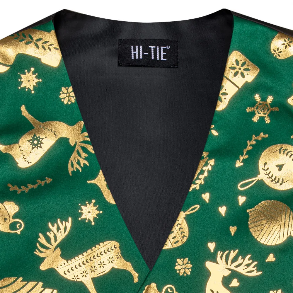 Hi-Tie Mens Waistcoat Green Gold Christmas Tree Elements Vest Necktie Set