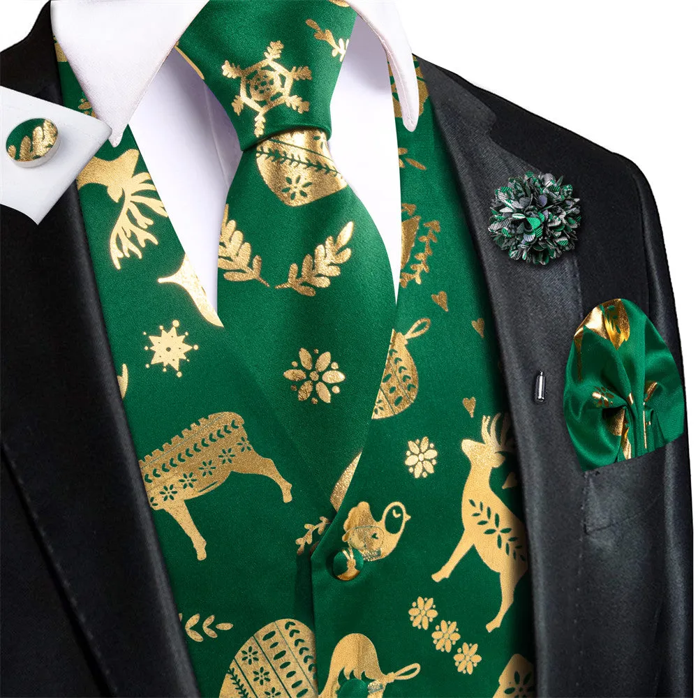 Hi-Tie Mens Waistcoat Green Gold Christmas Tree Elements Vest Necktie Set