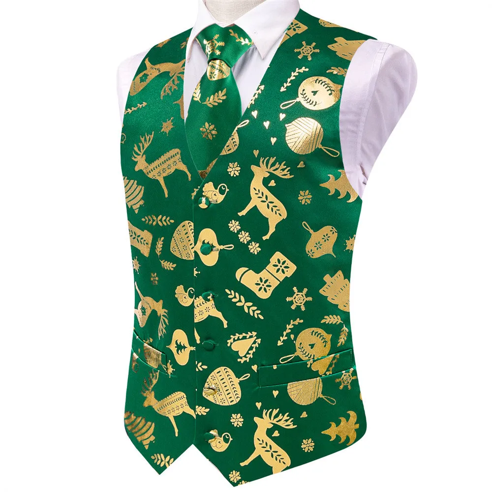 Hi-Tie Mens Waistcoat Green Gold Christmas Tree Elements Vest Necktie Set