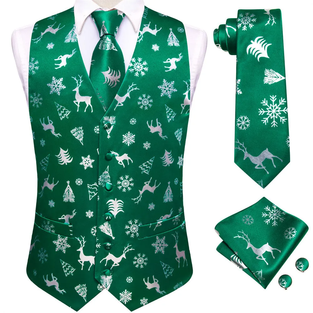 Hi-Tie Mens Waistcoat Green White Christmas Tree Elements Vest Necktie Set