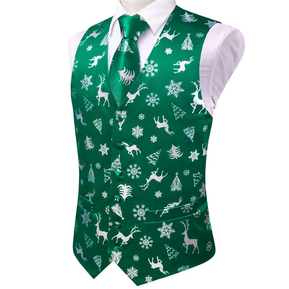 Hi-Tie Mens Waistcoat Green White Christmas Tree Elements Vest Necktie Set