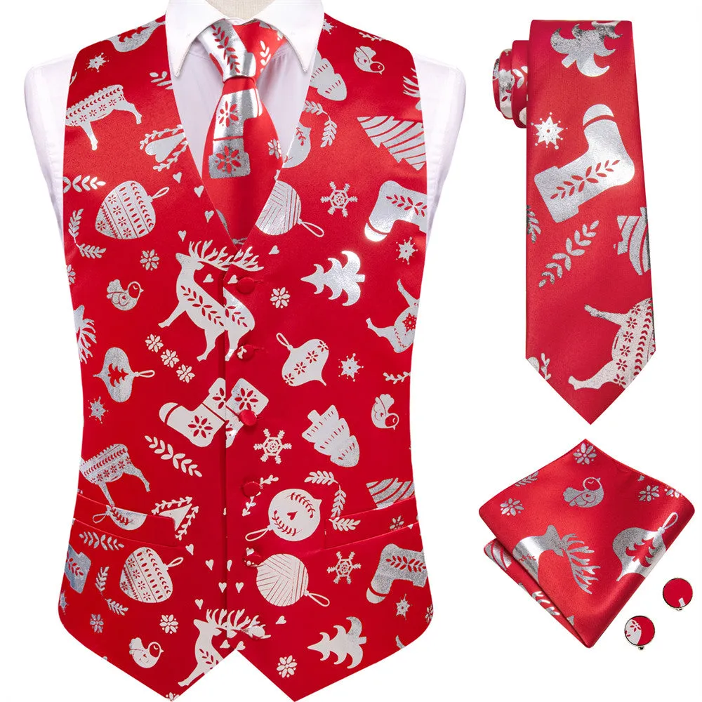 Hi-Tie Mens Waistcoat Red Silver Christmas Elements Vest Necktie Set