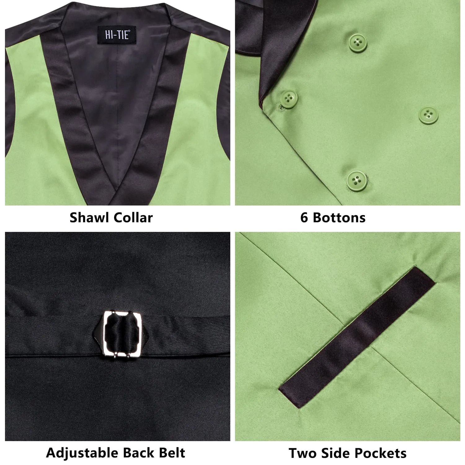 Hi-Tie Pistachio Green Double Breasted Black Shawl Lapel Wedding Vest