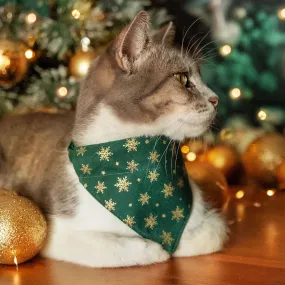 Holiday Cat Bandana - "Juniper" - Christmas Green & Gold Snowflake Bandana for Cat   Small Dog / Slide-On Over the Collar Bandana