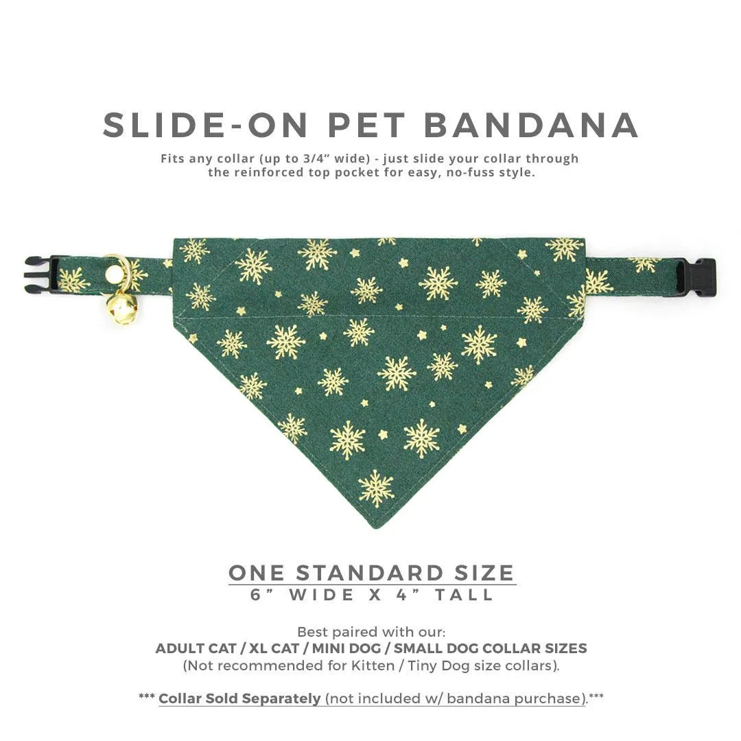 Holiday Cat Bandana - "Juniper" - Christmas Green & Gold Snowflake Bandana for Cat   Small Dog / Slide-On Over the Collar Bandana