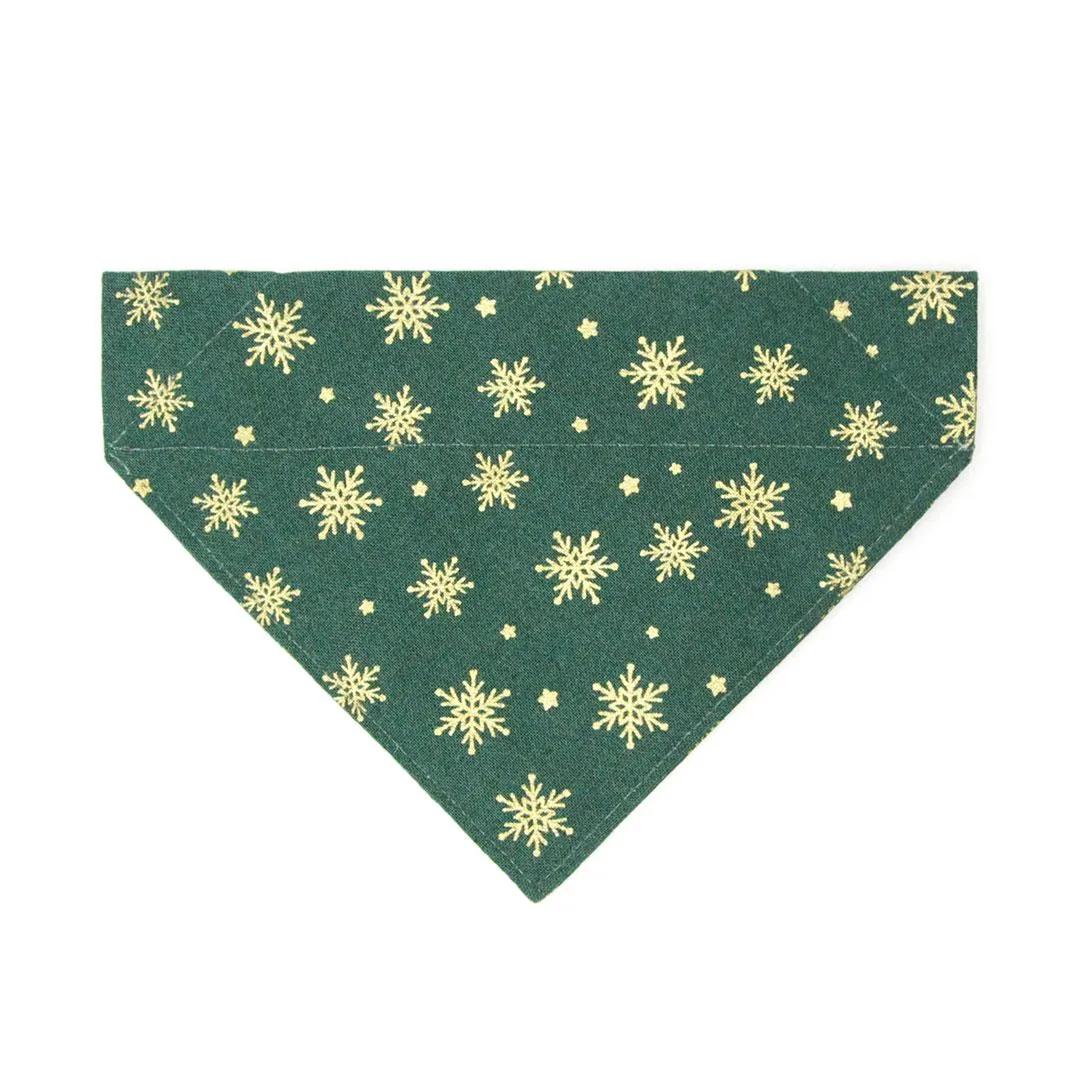 Holiday Cat Bandana - "Juniper" - Christmas Green & Gold Snowflake Bandana for Cat   Small Dog / Slide-On Over the Collar Bandana