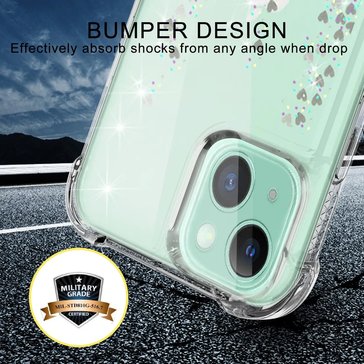 iPhone 14 Case Clear Glitter Tempered Glass Screen Protector Bumper Case Silver