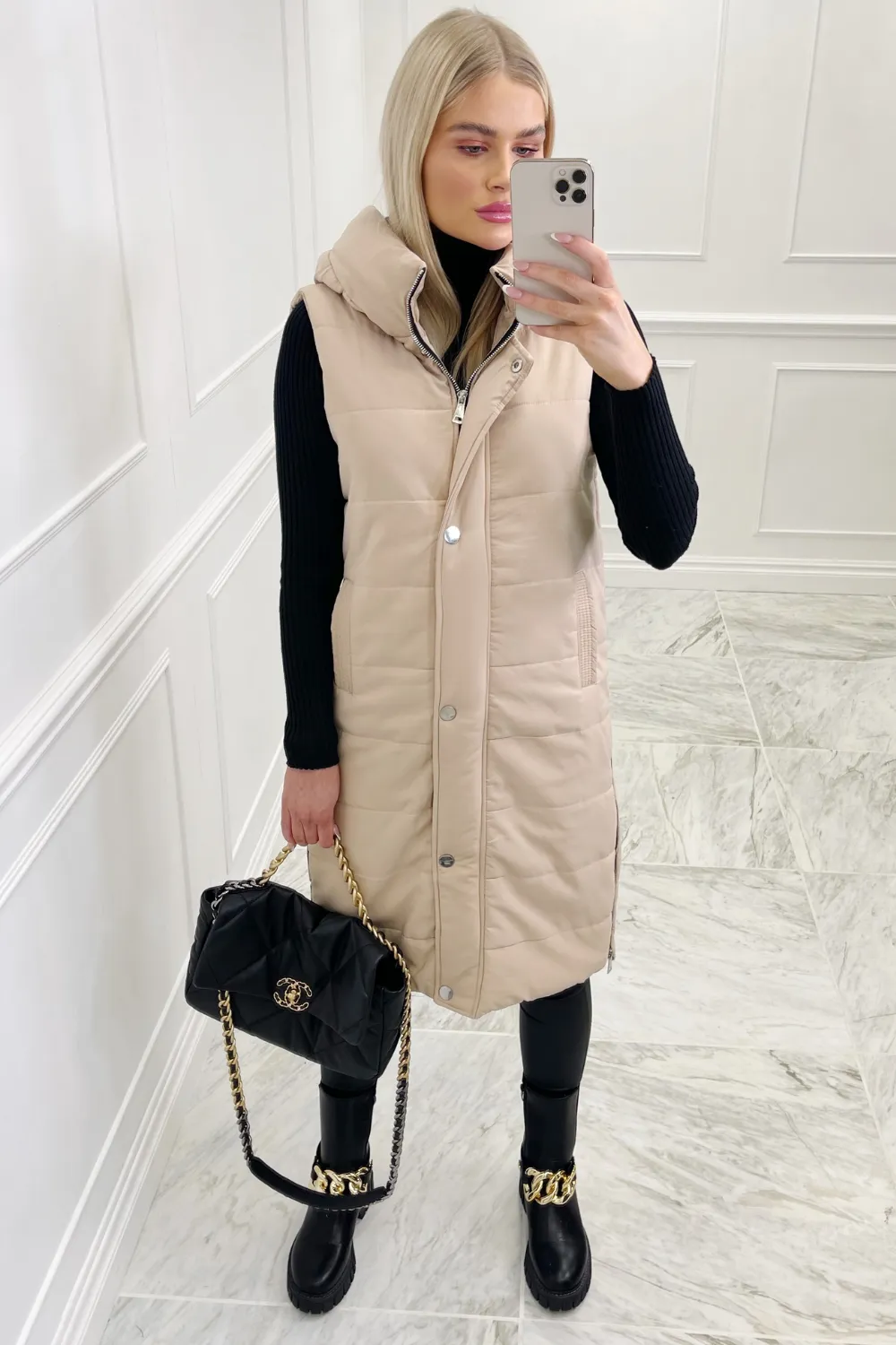 Jade beige zip up Hooded puffer gilet