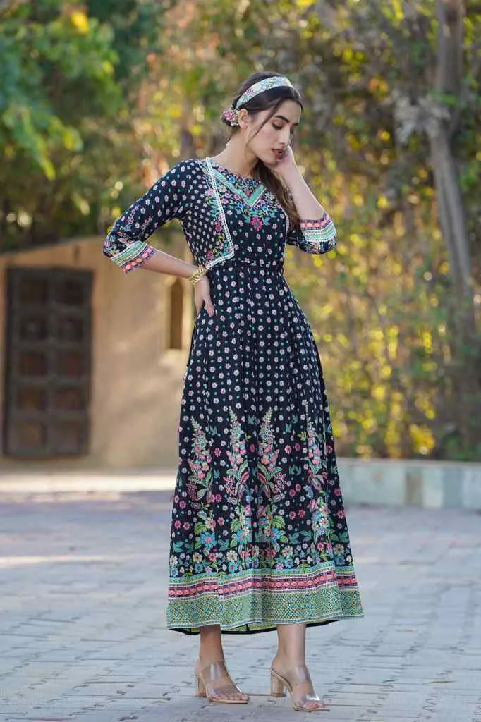 Jashvi Black Festive Floral Printed Rayon Anarkali Dress.