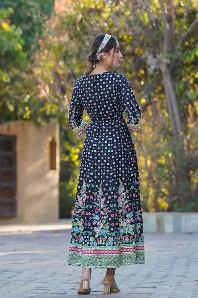 Jashvi Black Festive Floral Printed Rayon Anarkali Dress.