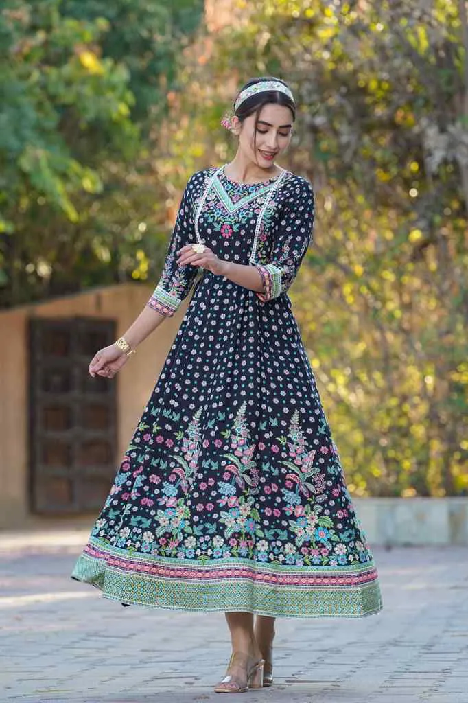 Jashvi Black Festive Floral Printed Rayon Anarkali Dress.