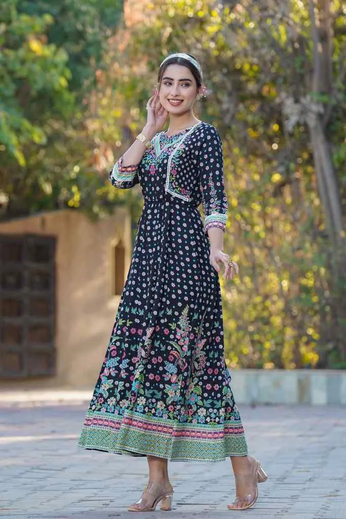 Jashvi Black Festive Floral Printed Rayon Anarkali Dress.