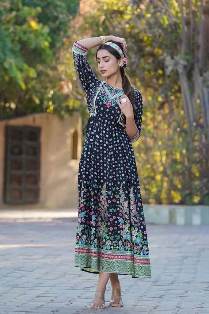 Jashvi Black Festive Floral Printed Rayon Anarkali Dress.