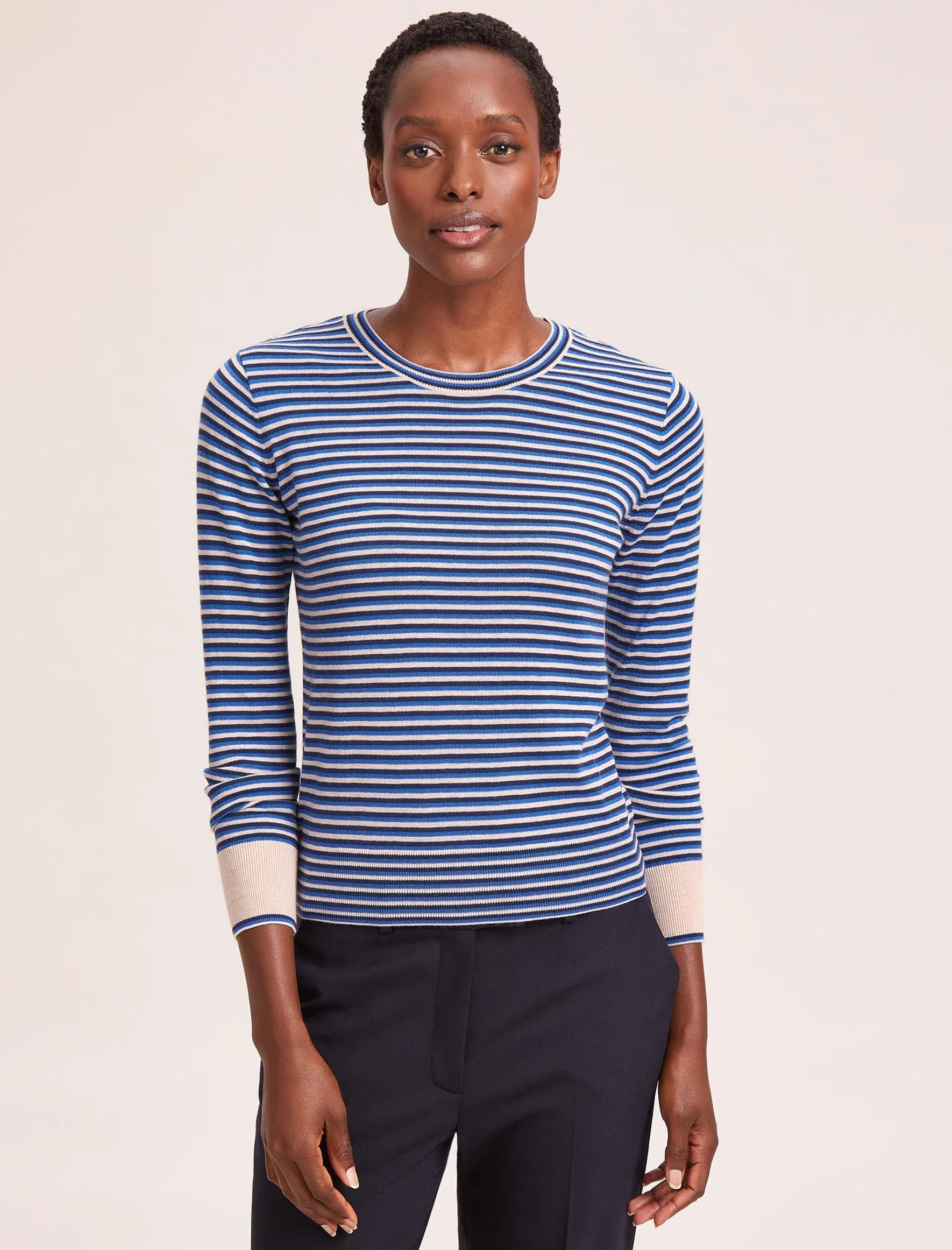 Jodi Cotton Jumper - Navy Blue Beige Stripe