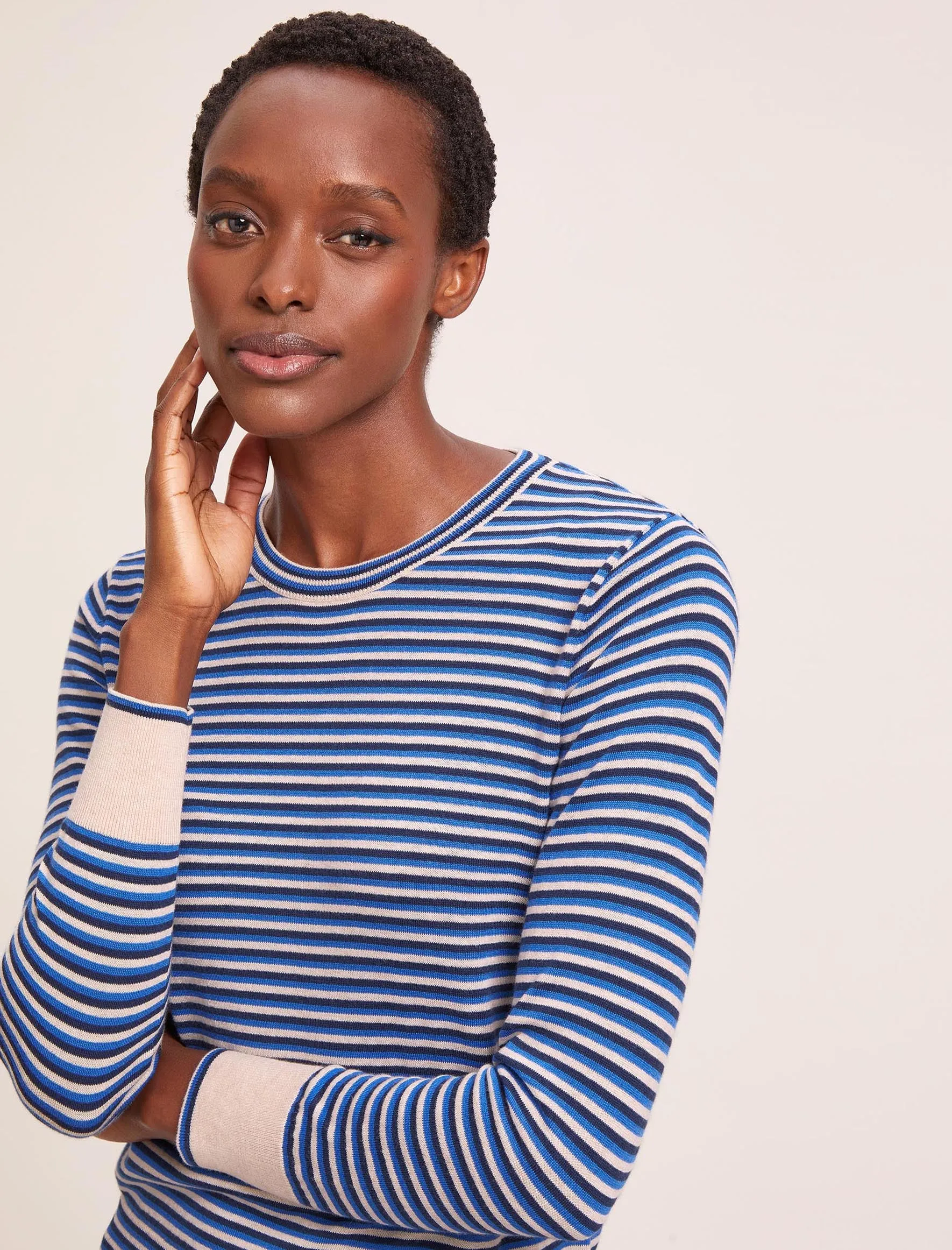 Jodi Cotton Jumper - Navy Blue Beige Stripe