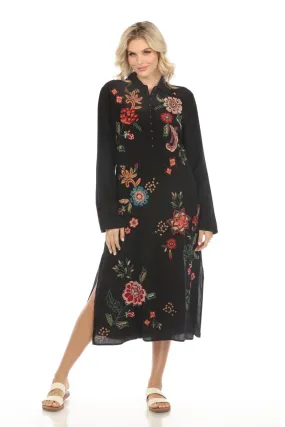 Johnny Was Workshop Embroidered Silk Midi Shirt Dress W39424 Boho Chic *