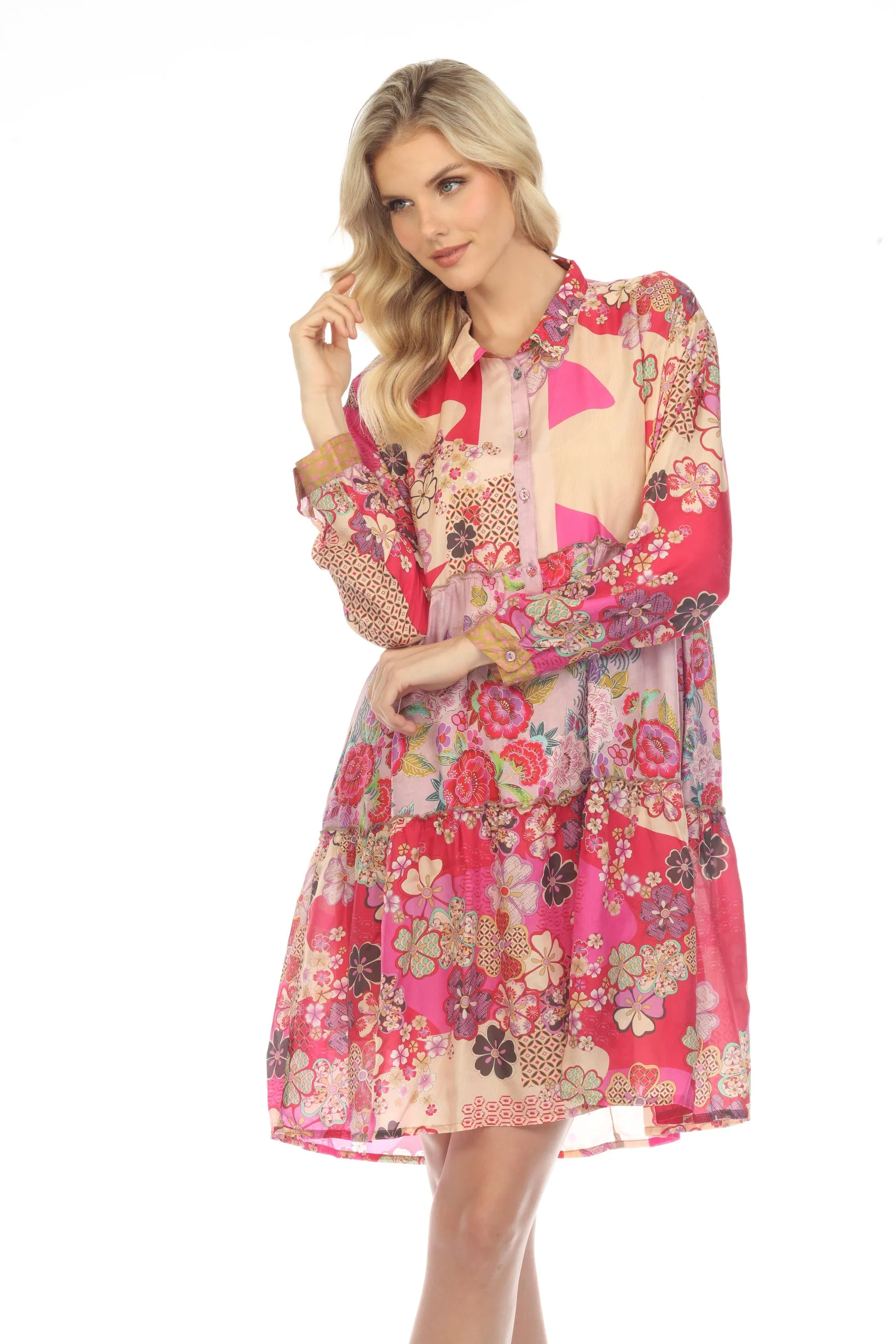 Johnny Was Yama Jasmine Silk Floral Long Sleeve Slip Dress Chic C35322BE