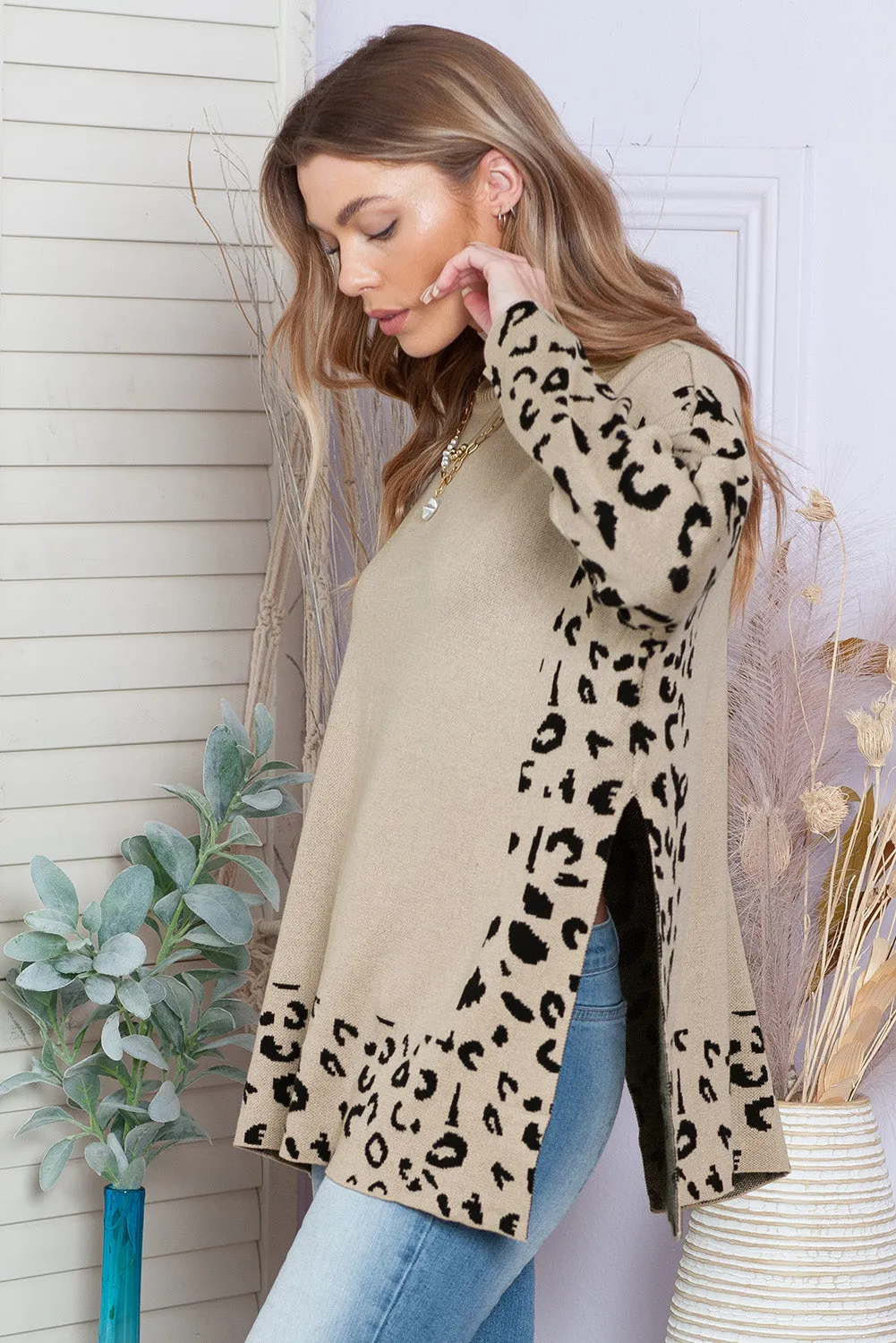 Khaki Leopard Casual Side Slit High Neck Oversized Sweater