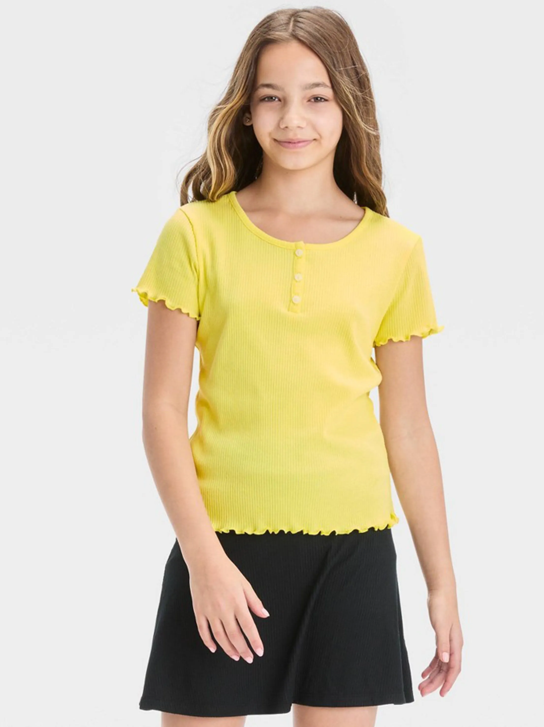 Kids Girl Ribbed Henley Top,Yellow