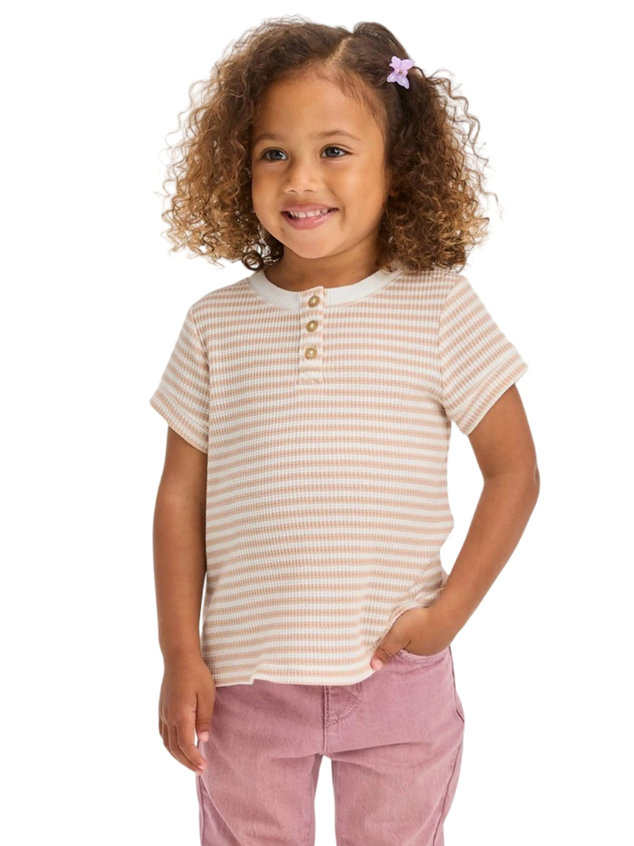 Kids Girl Striped Ribbed Top,Beige