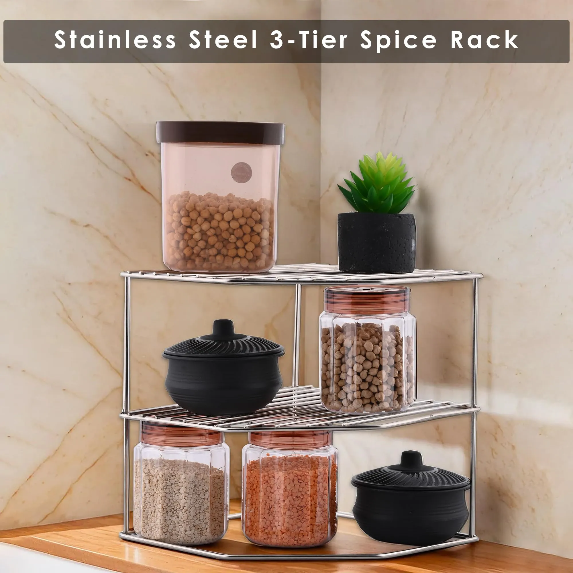 Kuber Industries (Set of 2) Multipurpose Counter Top Spice Rack Trolley Organizer 3-Layer Stainless Steel Corner Stand for Kitchen | Silver