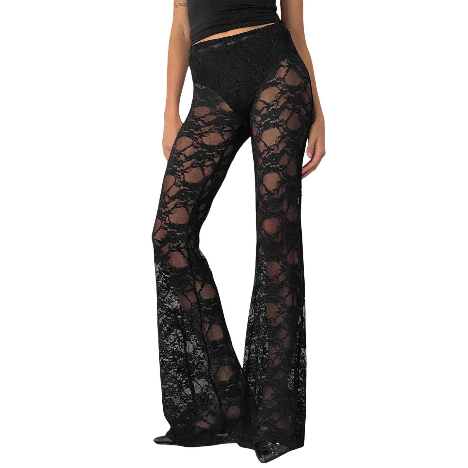 Lace Floral Sheer Mesh Flare High Waist Bell-Bottoms Slim Sexy Pants