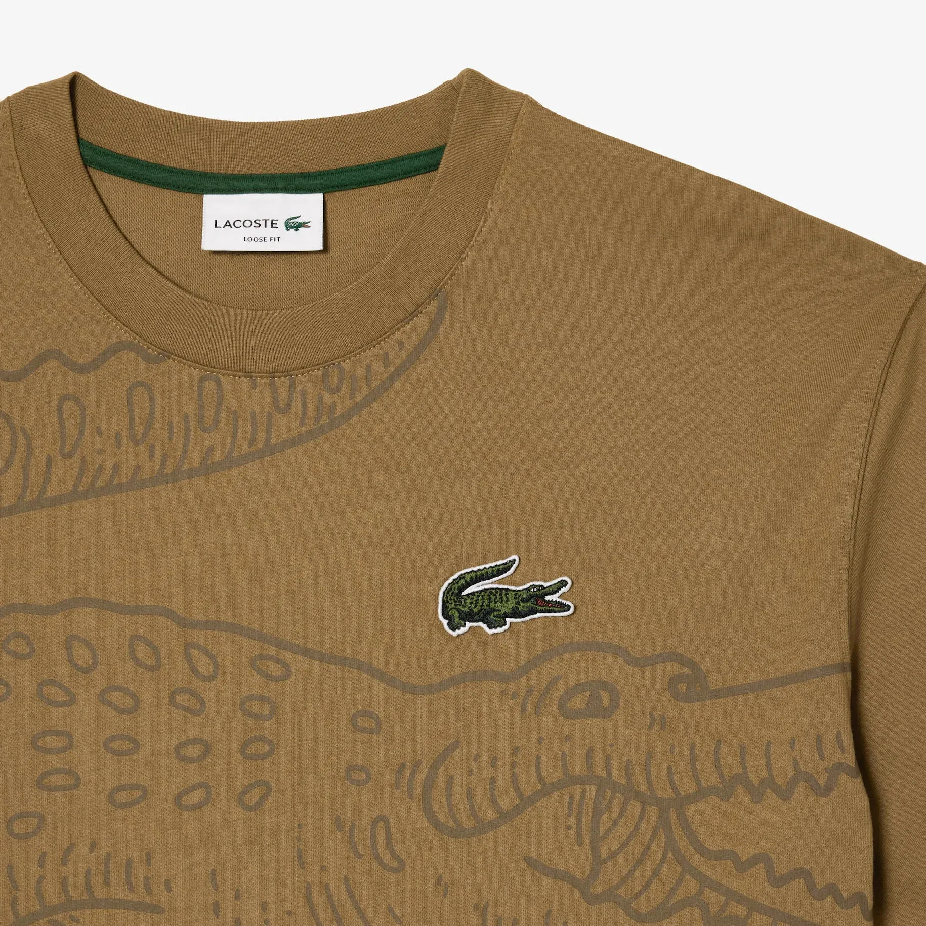 LACOSTE Men’s Crew Neck Loose Fit Crocodile Print T-Shirt - Brown