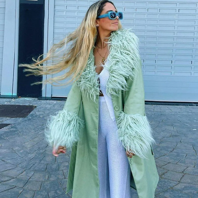 LANFUBEISI Y2K Faux Fur Collar Long Coat with Belt Leather Jackets Women Autumn Winter Warm Single Breasted Outerwear Green Elegant