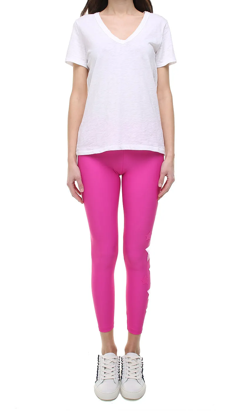 Leggings in lycra fucsia con stelle applicate fucsia e rosa metallizzato