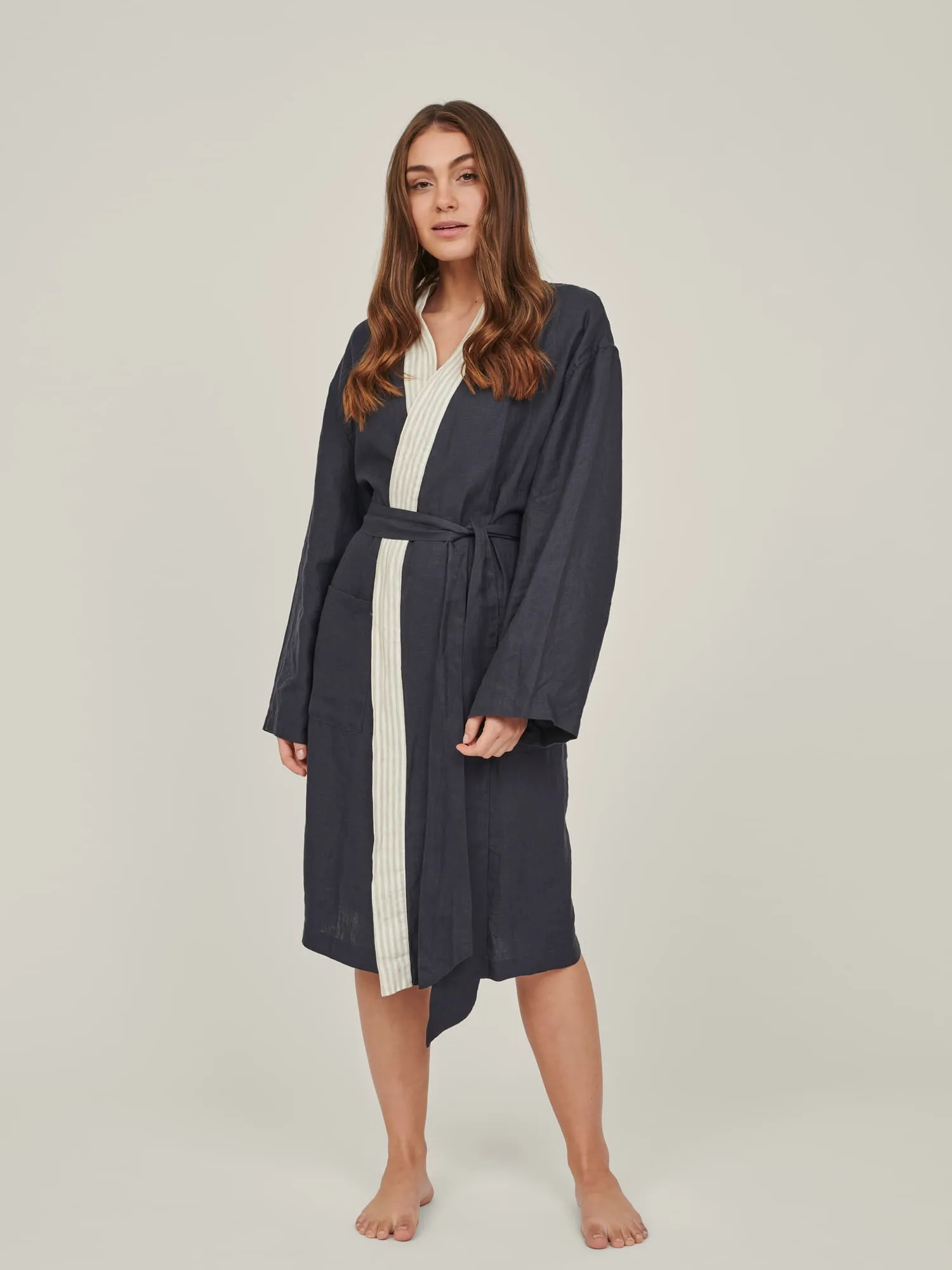 Linen Robe In Navy   Stripes